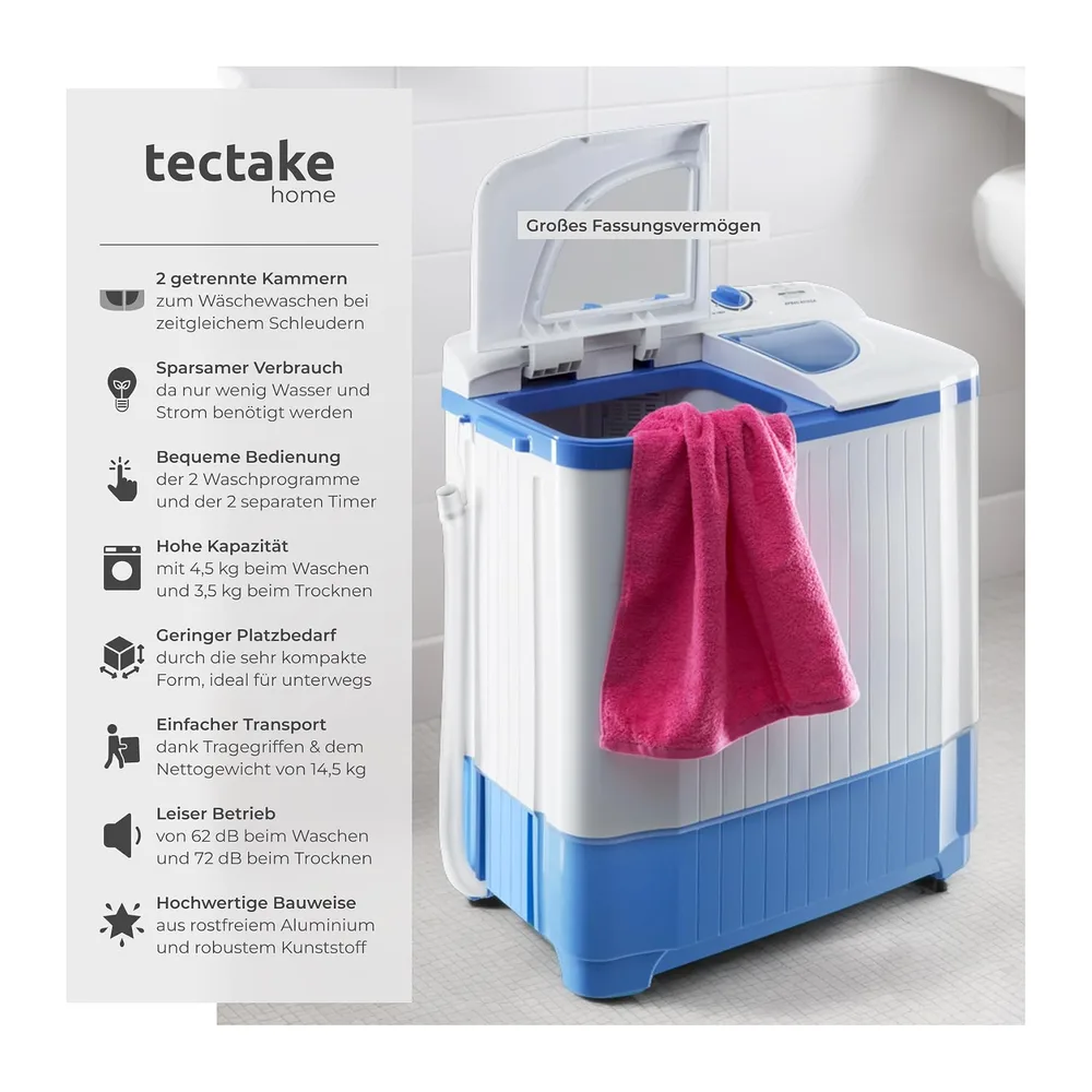 tectake® portable, mobile 4,5 kg Mini Waschmaschine + 3,5 kg Wäscheschleuder Kombination, Toplader für — 2