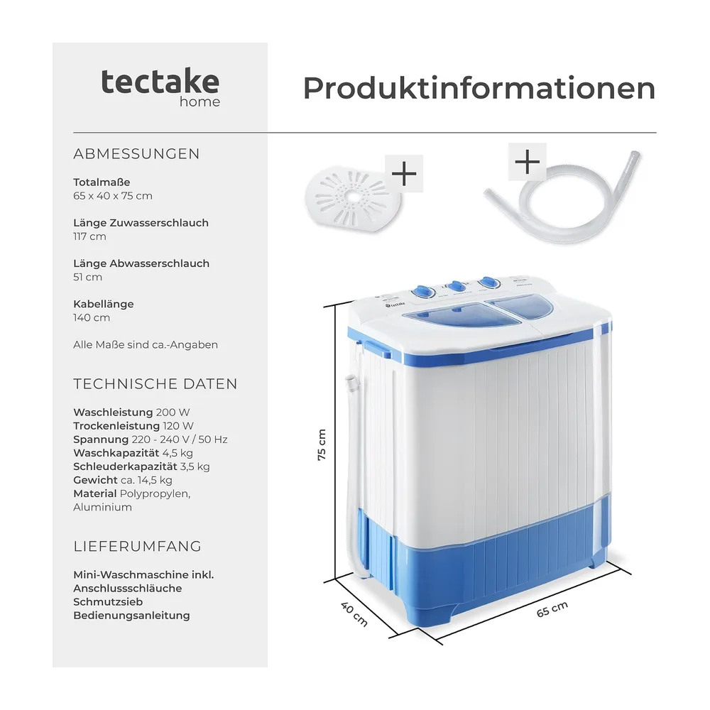 tectake® portable, mobile 4,5 kg Mini Waschmaschine + 3,5 kg Wäscheschleuder Kombination, Toplader für — 6