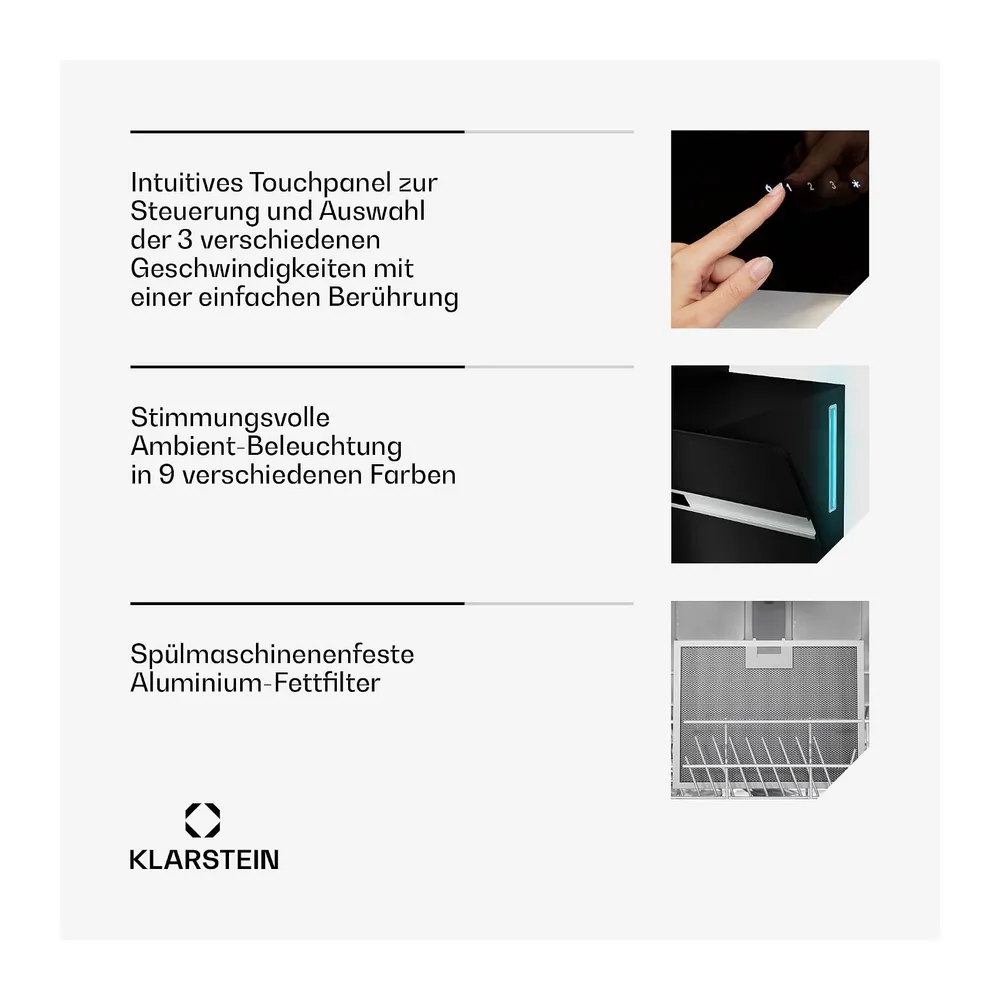 Klarstein Alina 90 Dunstabzugshaube - 615 m³/h, Touchpanel, LED-Hintergrundbeleuchtung, Energieklasse A, — 6