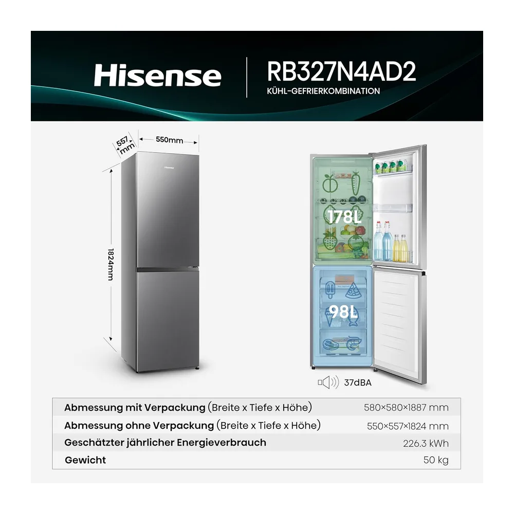 Hisense RB327N4AD2 Kühl-Gefrierkombination/ NoFrostPlus/ Multiflow 360°/ HolidayMode/ FreshZone/ 182,4 cm/ — 2