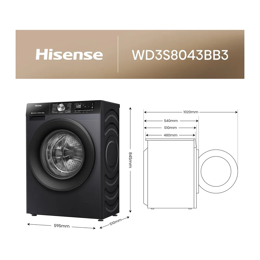 Hinsense WD3S8043BB3 Waschtrockner/ConnectLife /16 Programme /8 KG — 2