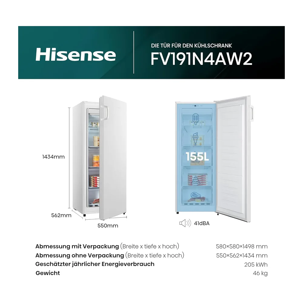 Hisense FV191N4AW2 Gefrierschrank/ TotalNoFrost/ SuperFreeze/ Türalarm/ Multiflow 360°/ BigBox/ 143,4 cm/ — 2