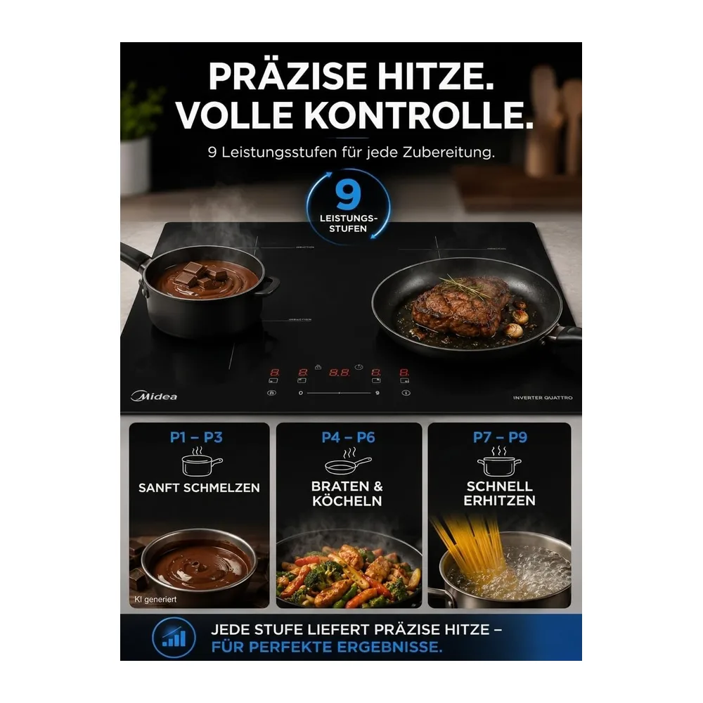 Midea MIH741F238K0 Induktionskochfeld, 4 Kochzonen, 7400W — 3