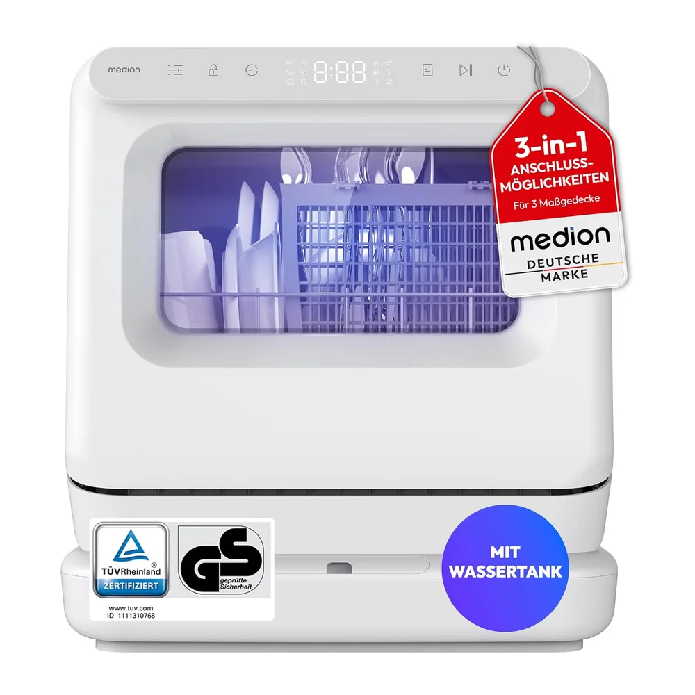 MEDION Mini Geschirrspüler DWT30, 3 Maßgedecke, 3in1 Tischgeschirrspüler, mit/ohne Wasseranschluss, Tank