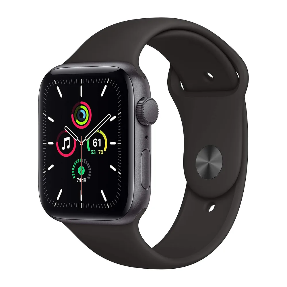 Apple Watch SE 2020 (GPS, 44MM) Aluminiumgehäuse Space Grau mit Schwarz Sportarmband (Generalüberholt)