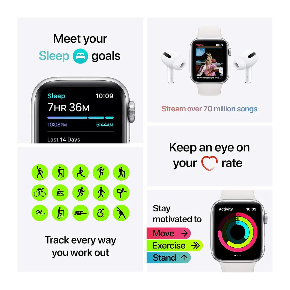 Apple Watch SE 2020 (GPS, 44MM) Aluminiumgehäuse Space Grau mit Schwarz Sportarmband (Generalüberholt) — 5