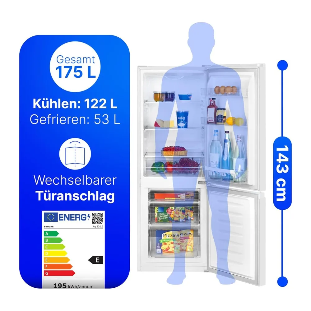 Bomann® Kühlschrank mit Gefrierfach | Energieklasse E | 143cm | Kühl Gefrierkombination leise 39 dB | 3 — 2