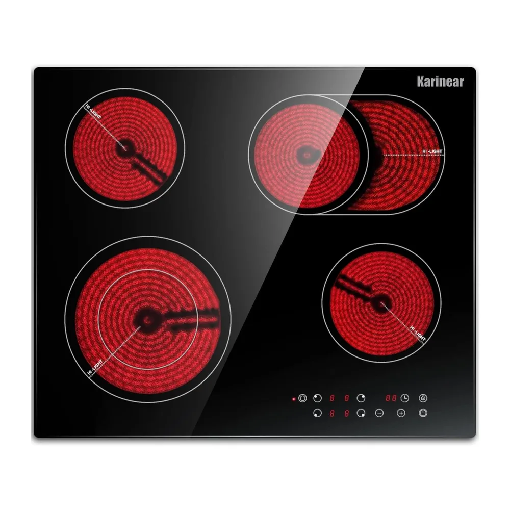 Karinear Glaskeramikkochfeld 4 Platten, 6600W, Doppelringzone & Bräterzone