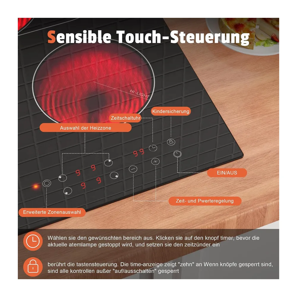 Karinear Glaskeramikkochfeld 4 Platten, 6600W, Doppelringzone & Bräterzone — 2