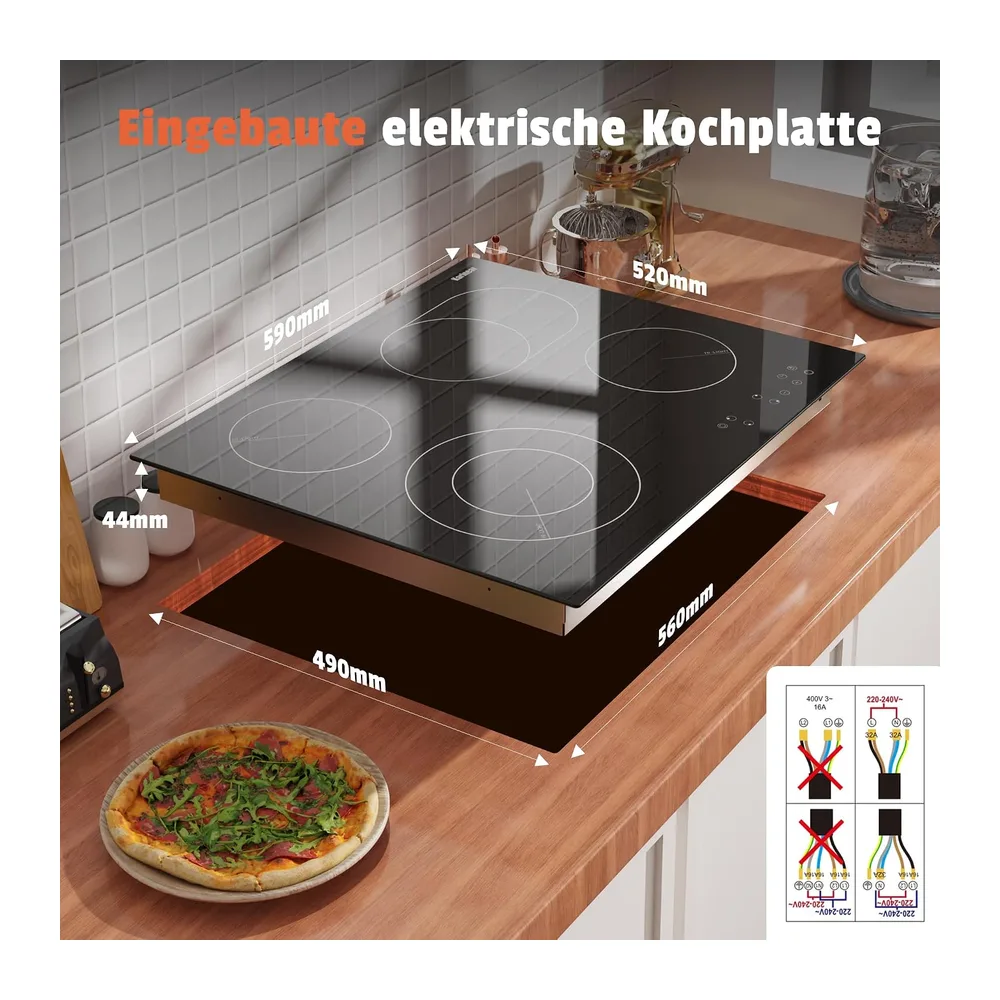 Karinear Glaskeramikkochfeld 4 Platten, 6600W, Doppelringzone & Bräterzone — 4