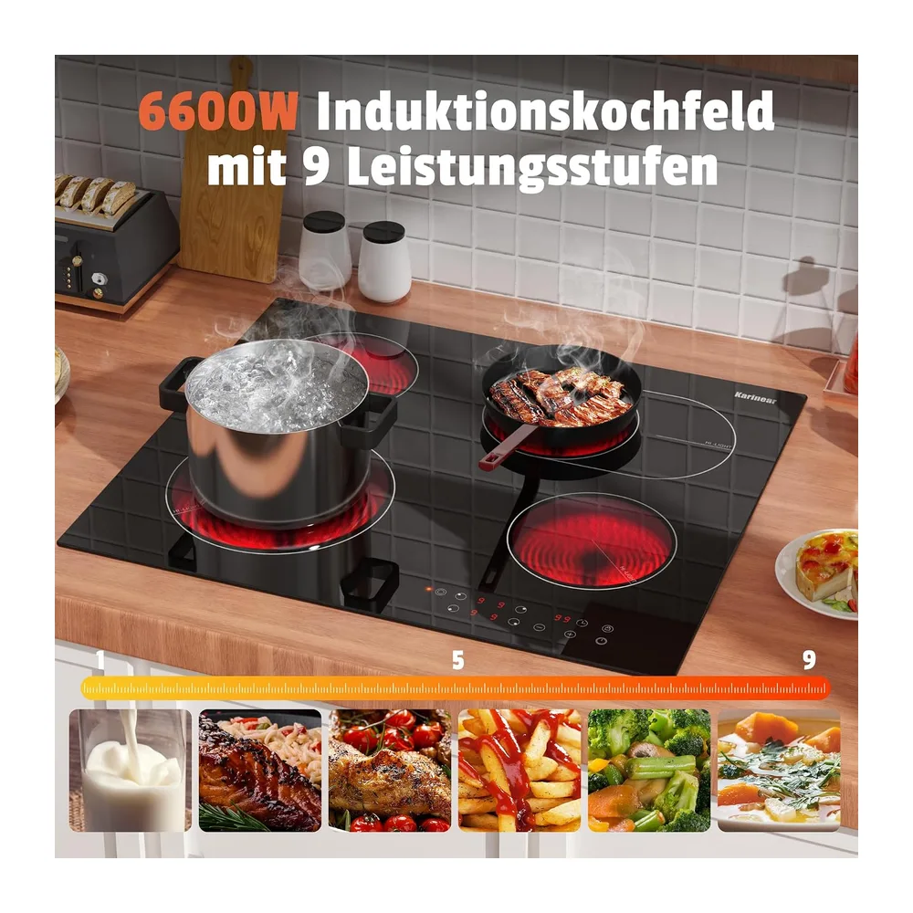 Karinear Glaskeramikkochfeld 4 Platten, 6600W, Doppelringzone & Bräterzone — 5