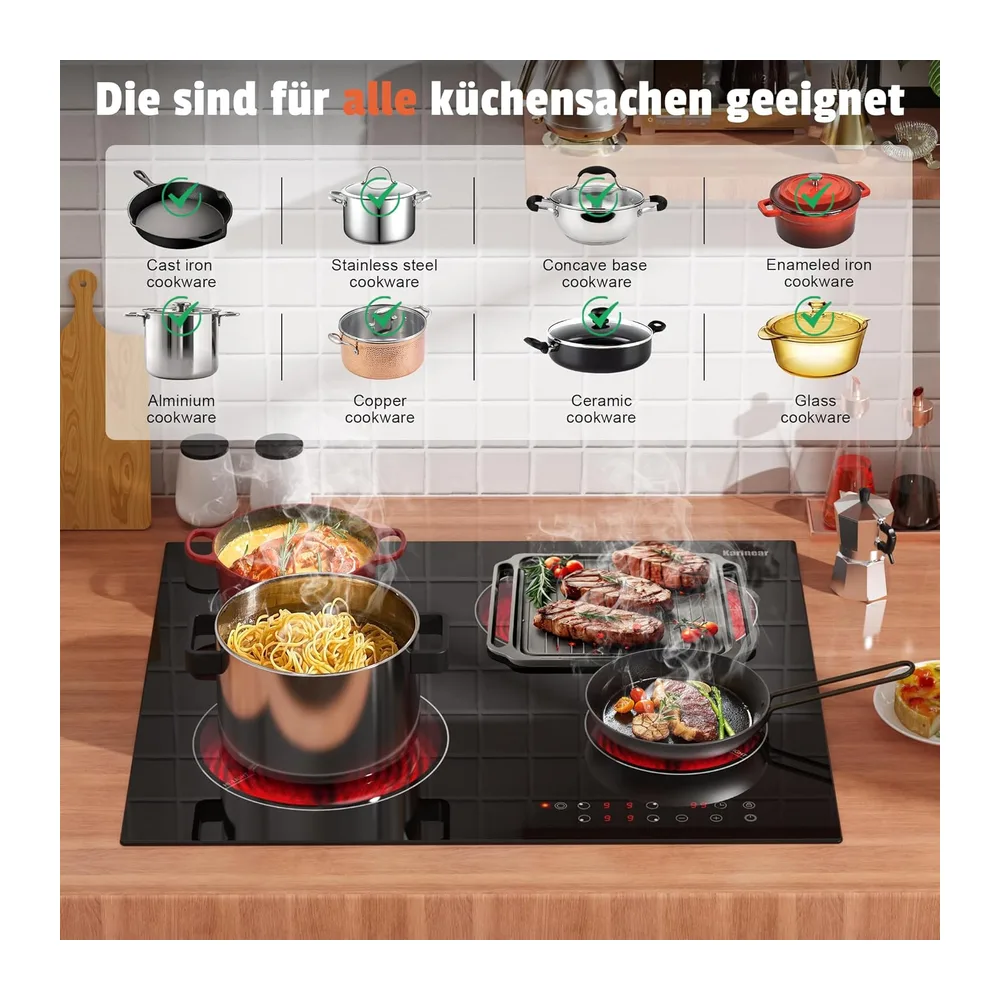 Karinear Glaskeramikkochfeld 4 Platten, 6600W, Doppelringzone & Bräterzone — 6