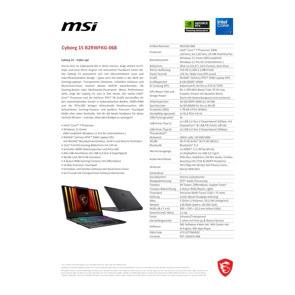 MSI Cyborg 15, Gaming-Laptop, 15,6 Zoll Full-HD 144 Hz Display, Intel Core 7 240H, NVIDIA GeForce RTX 5060, — 5
