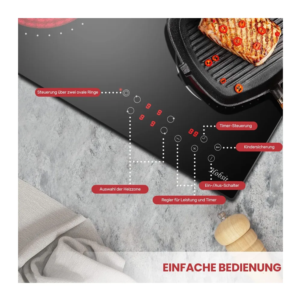 Glaskeramikkochfeld 4 Platten Kochfeld Autark 60 cm Einbau mit Doppelzone — 4