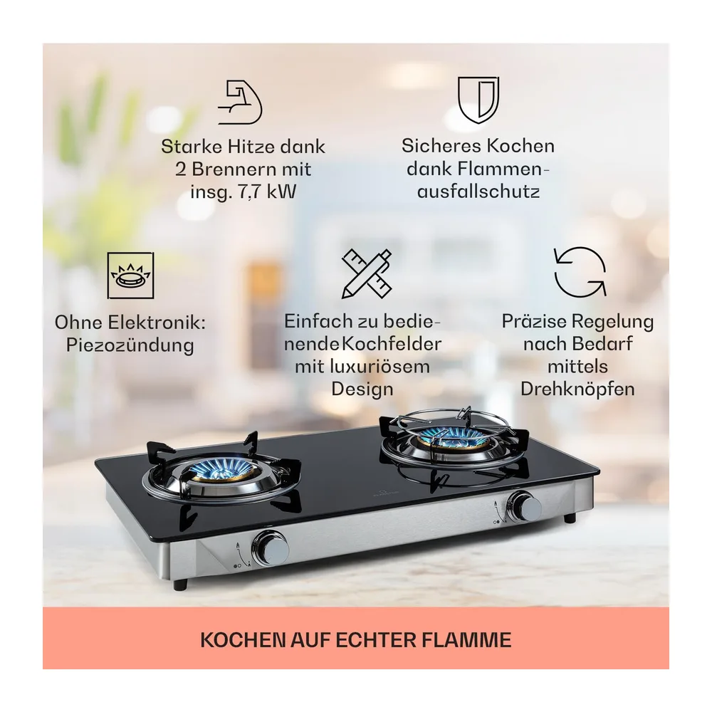 Klarstein Gaskocher 2-Flammig, 7,7kW Camping Gaskocher für Innenbereich, für Wohnmobil, 2-Flammiger Moderne — 2
