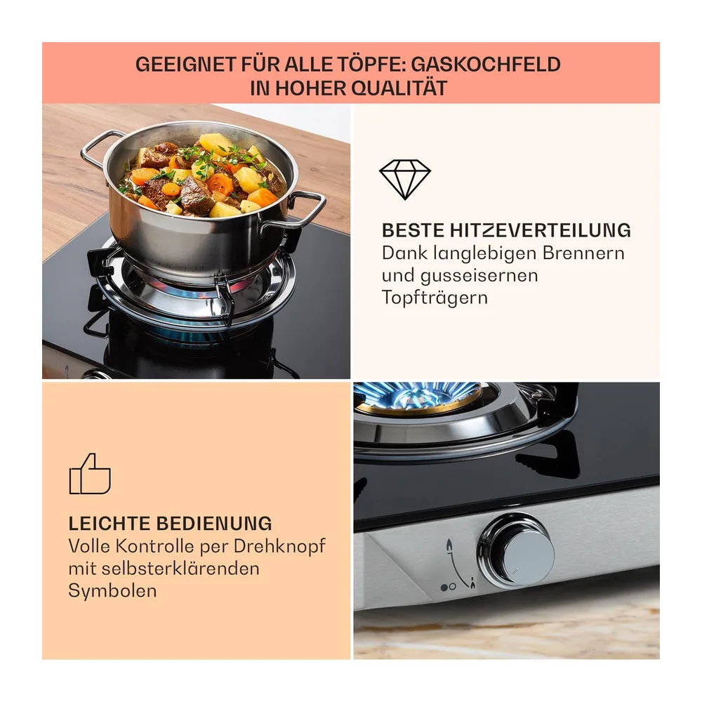 Klarstein Gaskocher 2-Flammig, 7,7kW Camping Gaskocher für Innenbereich, für Wohnmobil, 2-Flammiger Moderne — 4
