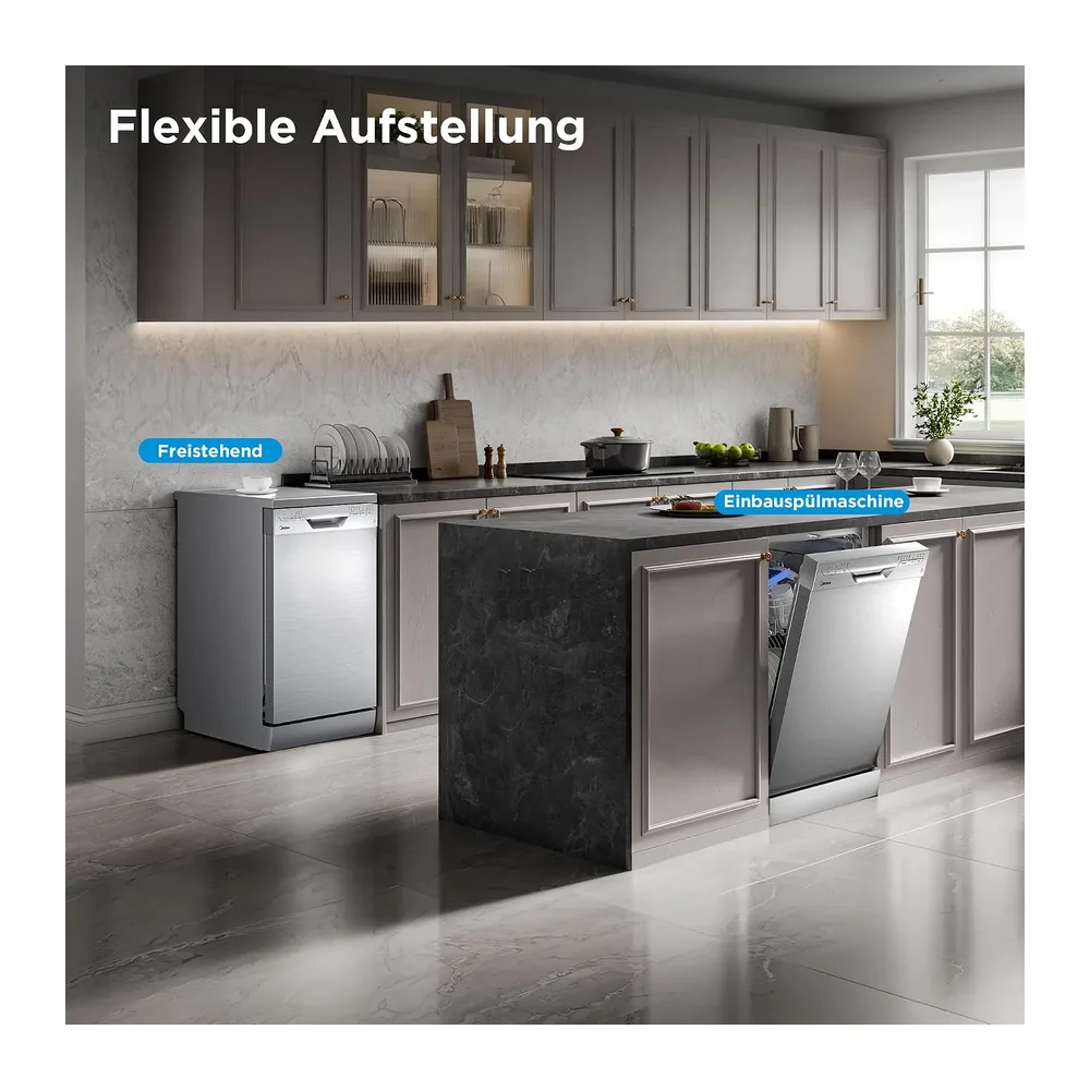 Midea SF 3.45N PRO Geschirrspüler 45cm Freistehend & Unterbaufähig Silber [Energieklasse E] — 3