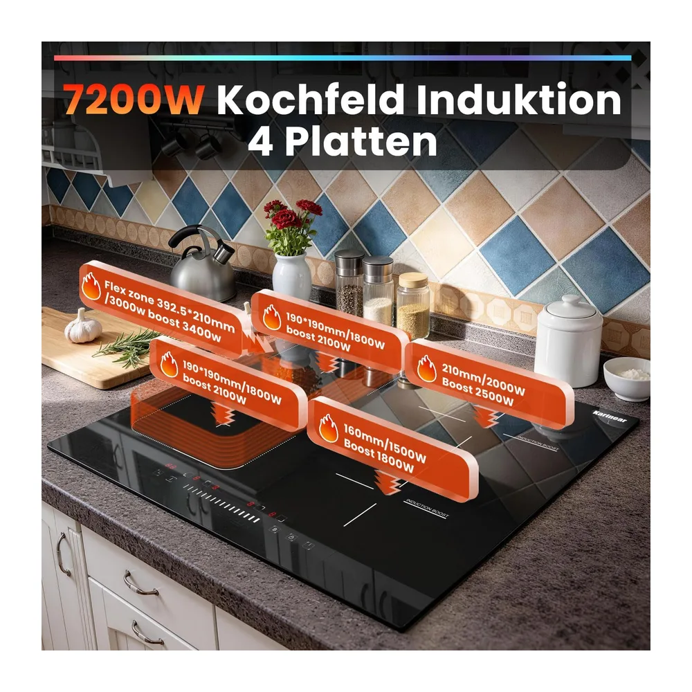 Karinear Induktionskochfeld 60 cm, 4 Platten 7200W, Flex Zone, Boost — 6
