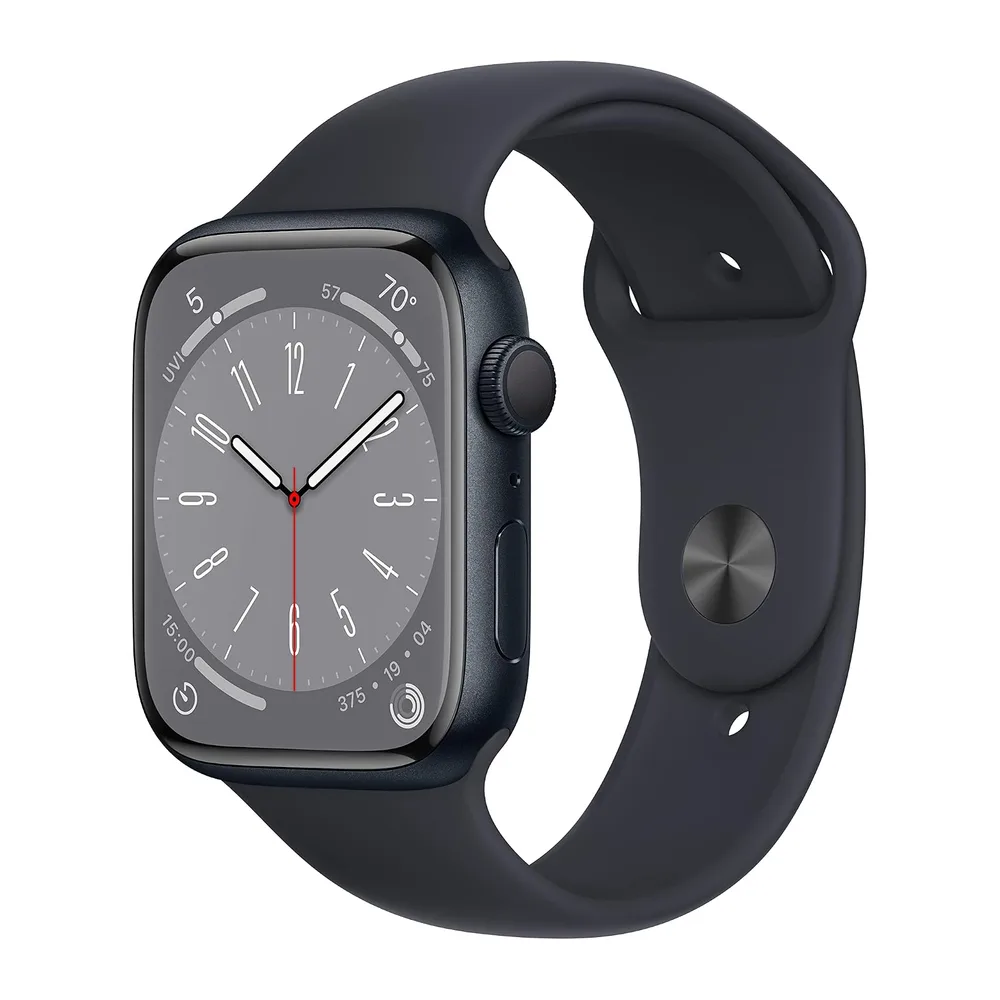 Apple Watch Series 8 (GPS, 45MM) - Aluminiumgehäuse Mitternacht mit Sportarmband Weiß, Einheitsgröße