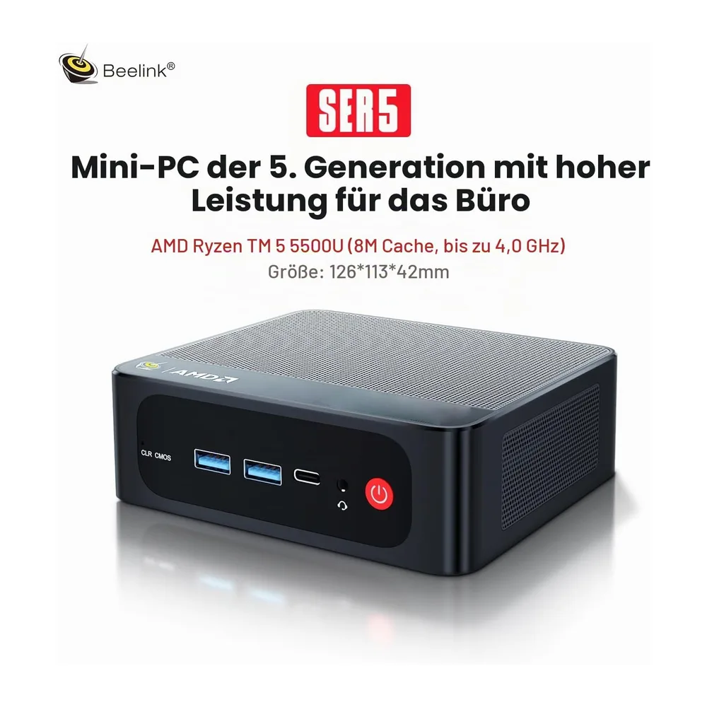 Beelink SER5 Mini PC, AMD Ryzen 5 5500U, 6 Kerne, 12 Threads bis zu 4.0GHz, 16GB DDR4 RAM 480GB NVMe SSD, 4K — 2