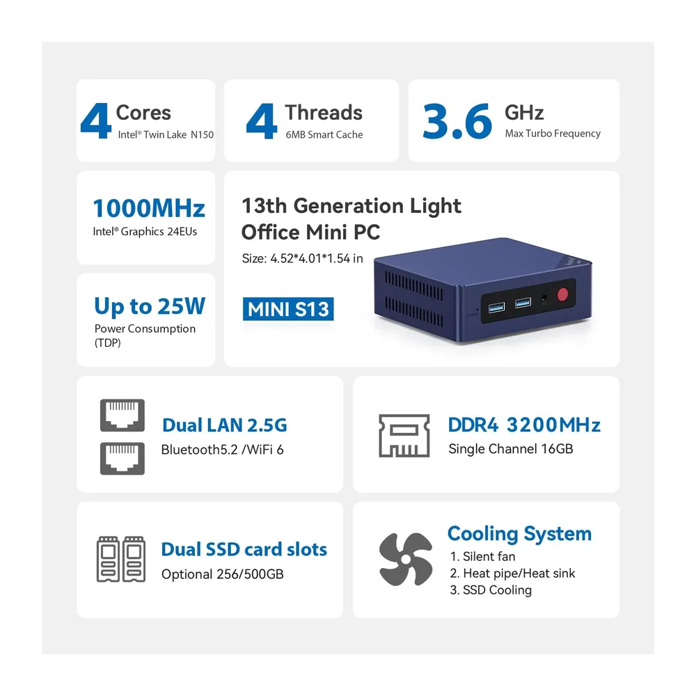 Beelink MINI-S13 Mini PC, Intel Twin Lake-N150 Processor (bis zu 3.60GHz) Mini Computer, 16GB DDR4 500GB M.2 — 2