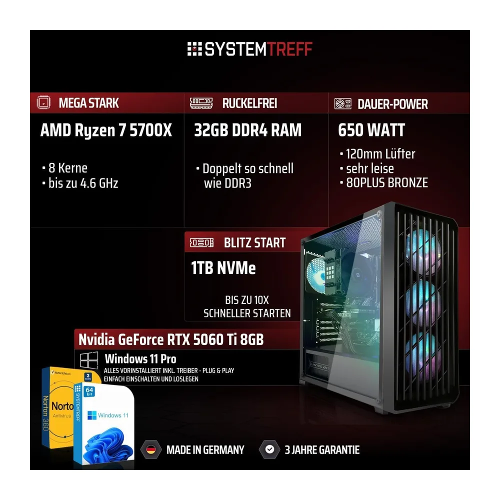 SYSTEMTREFF Gaming PC - AMD Ryzen 7 5700X - RTX 5060 Ti 8GB — 2