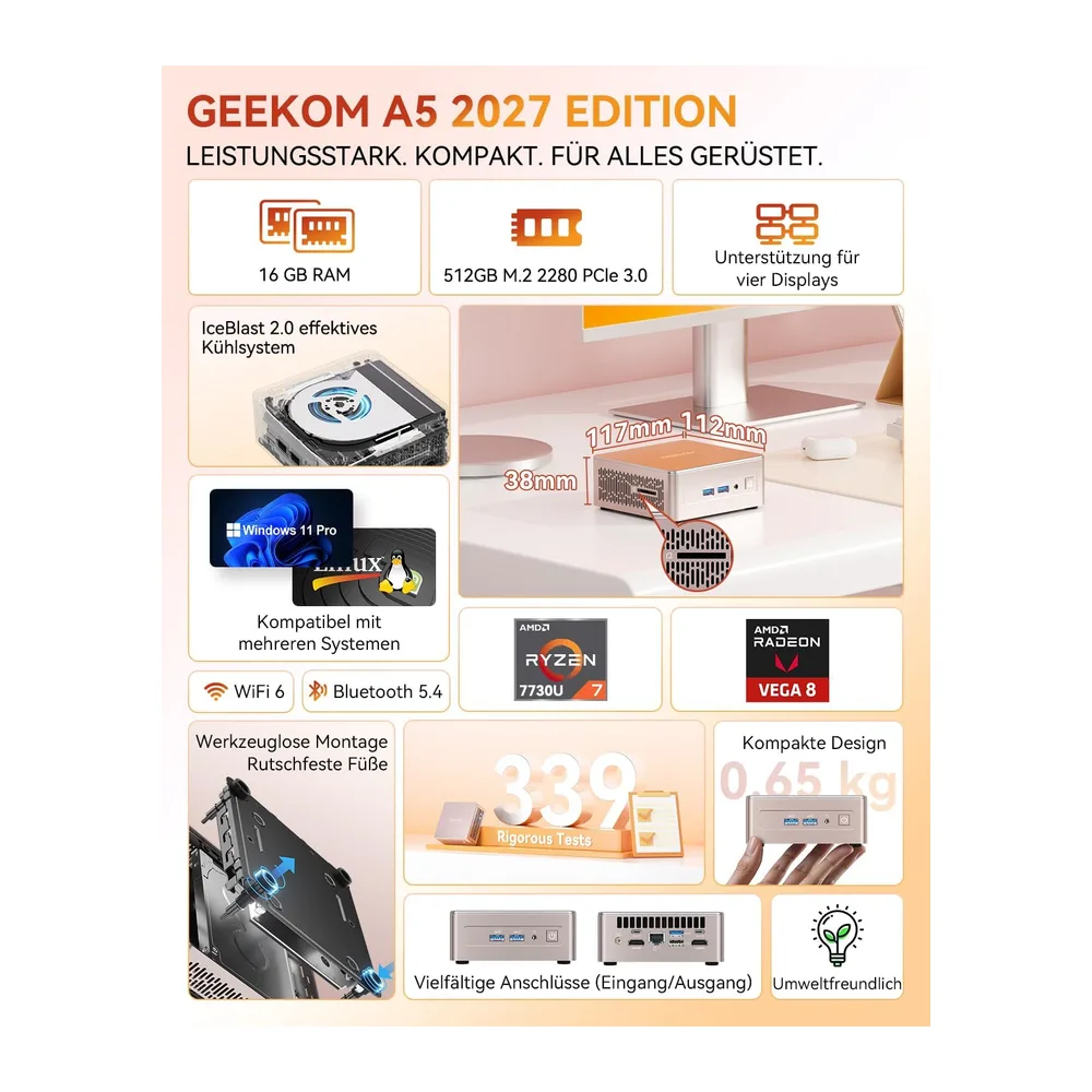 GEEKOM Business Mini PC A5 2027 Edition, AMD R7 7730U, 16GB DDR4 &512GB SSD — 2