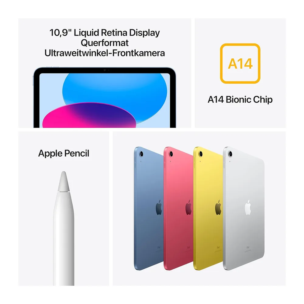 Apple iPad (10. Generation, 10.9-Zoll, 2022), 64GB, Wi-Fi, Silber (Generalüberholt) — 2