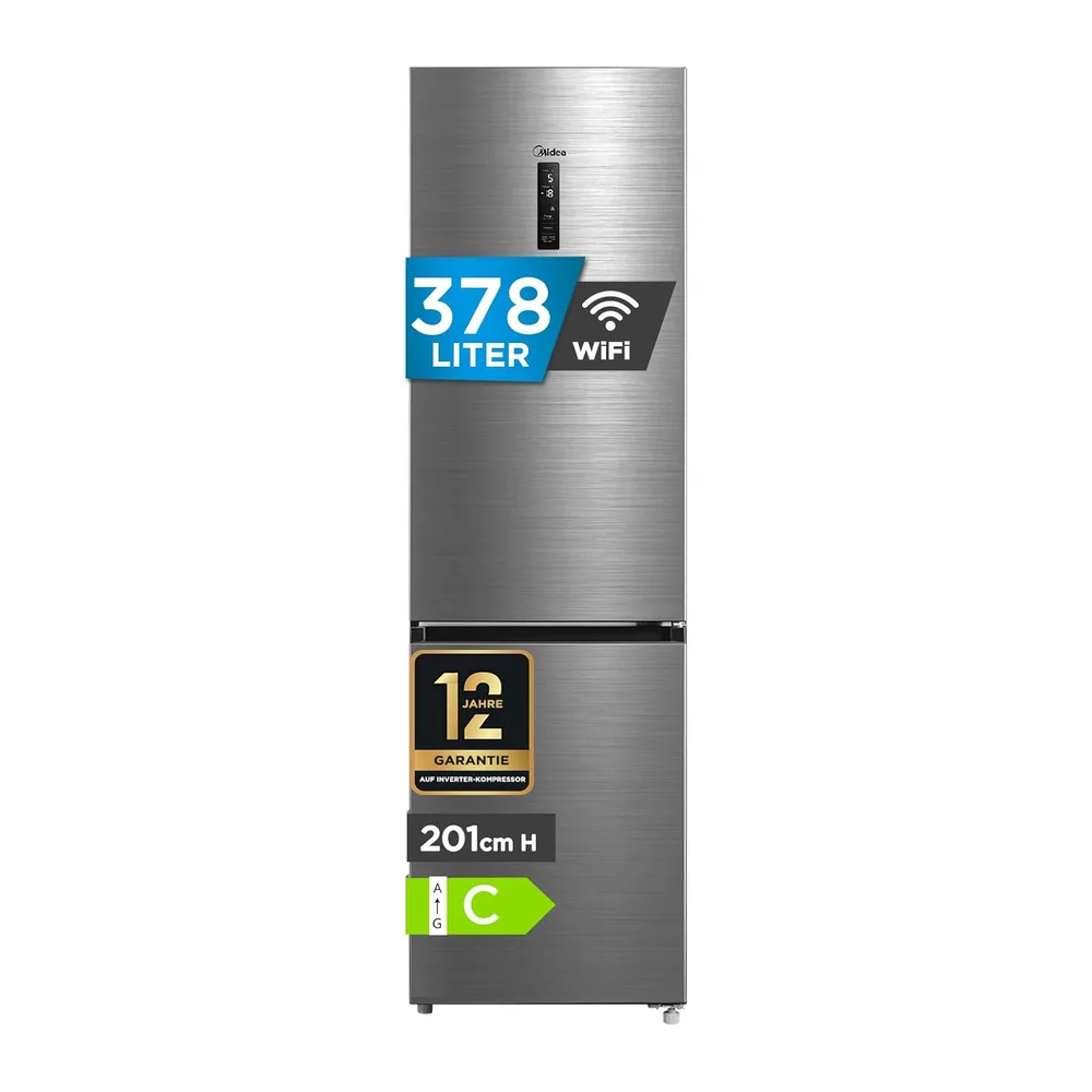 Midea 378L Kühlschrank mit Gefrierfach, WiFi, 201cm, EEK C, NoFrost, 38dB [Energieklasse C]