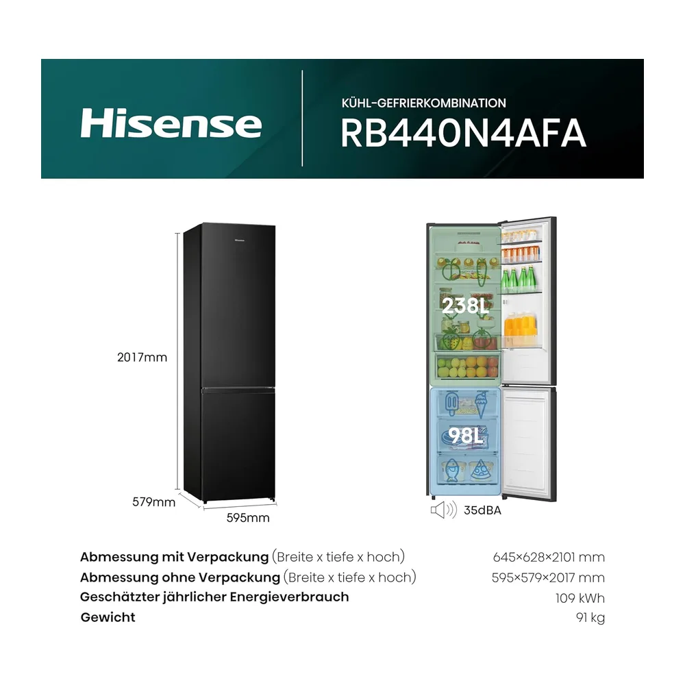 Hisense RB440N4AFA Kühl-Gefrier-Kombination/Höhe 201 cm/Kühlen 178 L/Gefrieren 98 L/LED Beleuchtung — 2