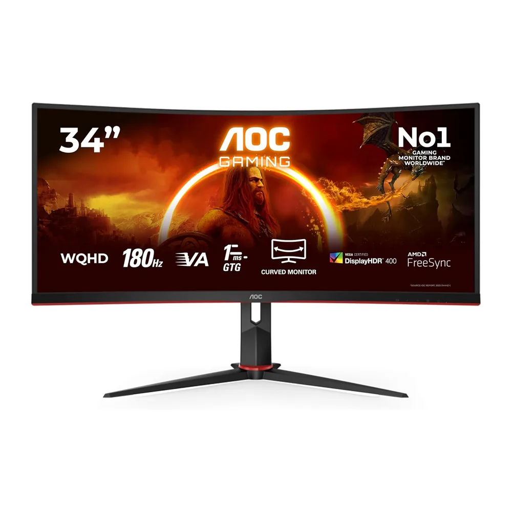 AOC Gaming CU34G2XP - 34 Zoll WQHD Curved Monitor, 180 Hz, FreeSync Prem., HDR400 (3440x1440, 1ms GtG, HDMI, — 2