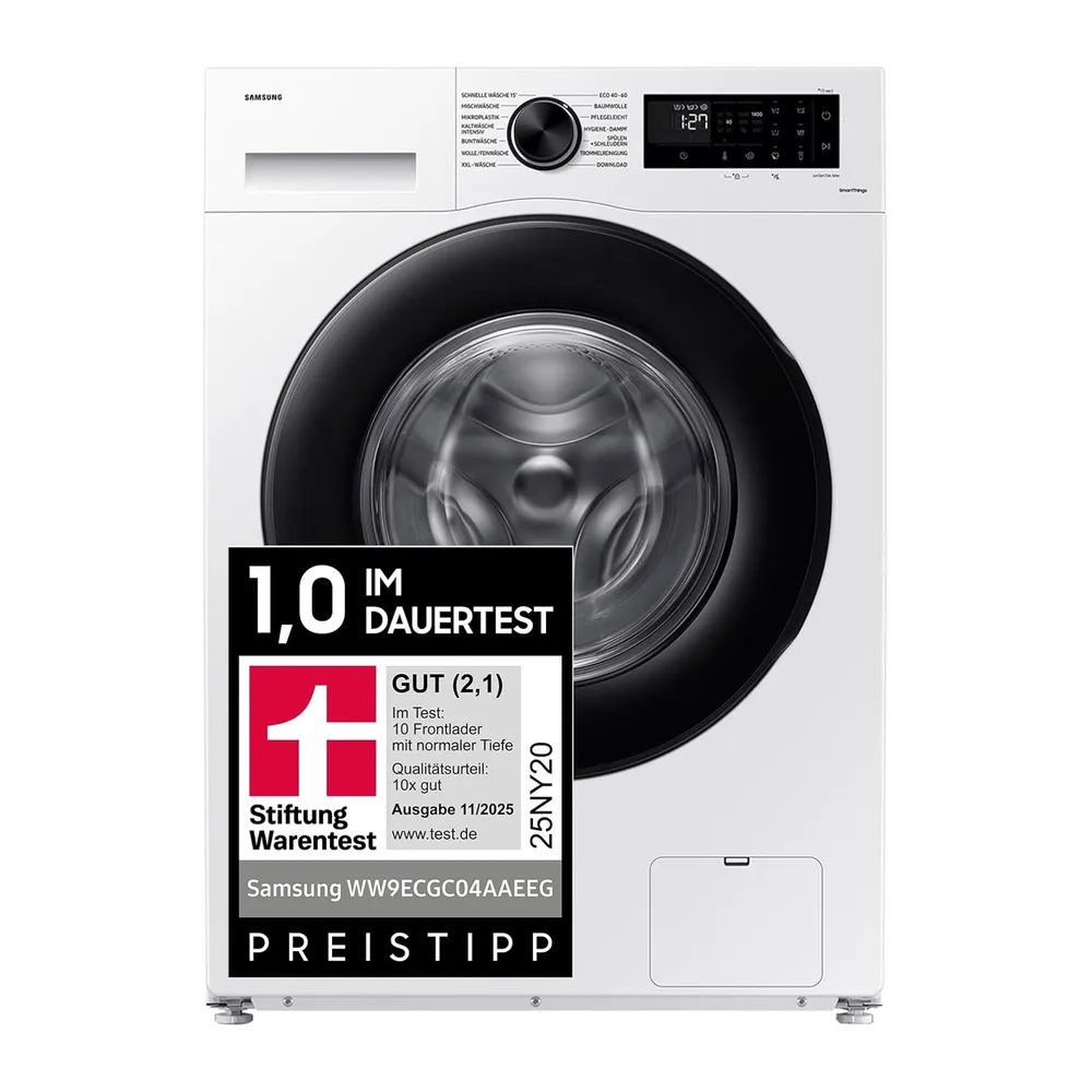 Samsung Waschmaschine, 9 kg, 1.400 U/min, EEK: A, Mikroplastik-Programm, Ecobubble, 14 Programme, WiFi