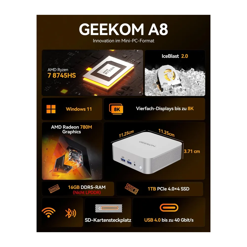 GEEKOM Mini PC A8, AMD Ryzen 7 8745HS, 1TB SSD & 16GB DDR5, bis 4TB/128GB — 3