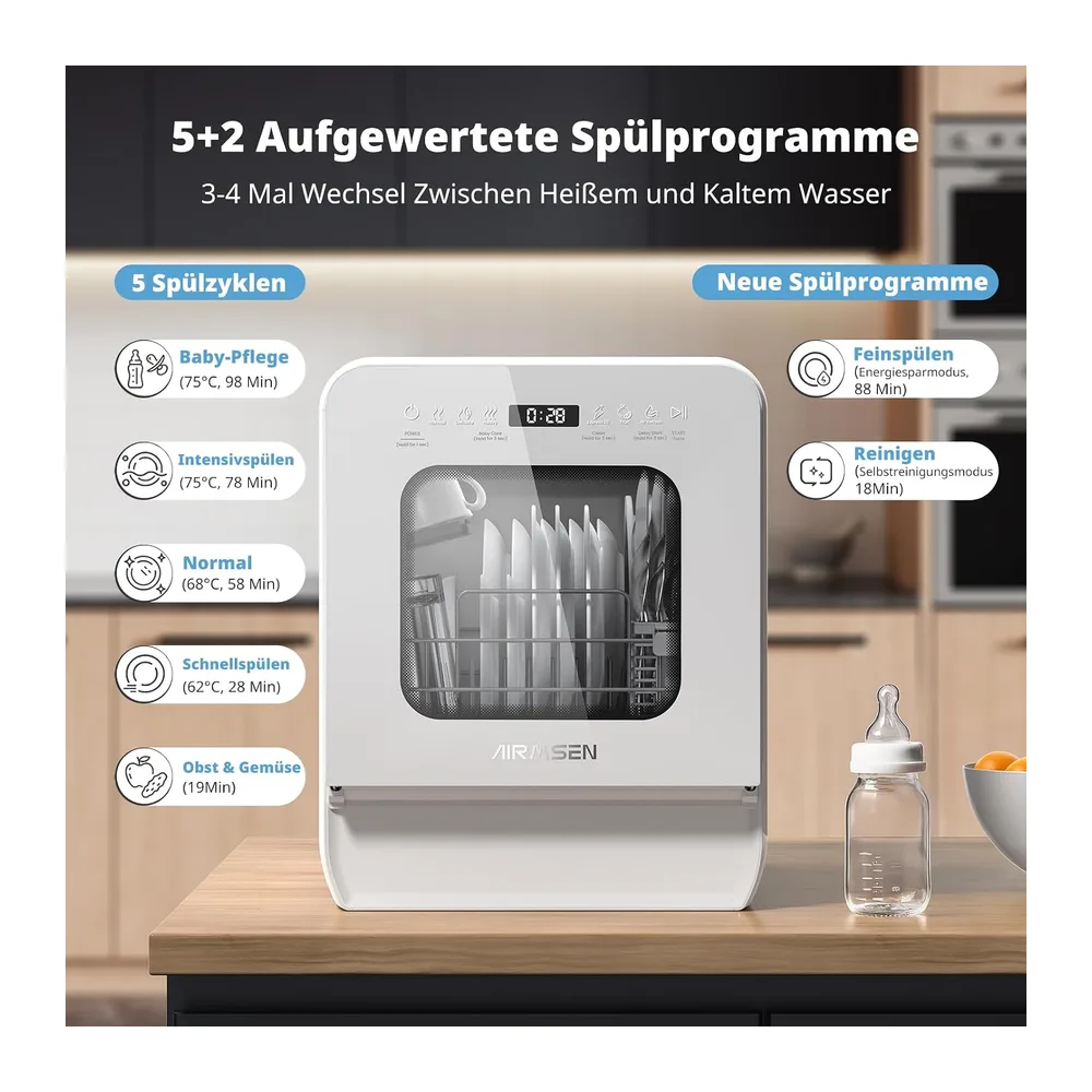 AIRMSEN Tischgeschirrspüler Mini Geschirrspüler mit wassertank klarspüler spülmaschine mit 9 Programme 37 * — 2