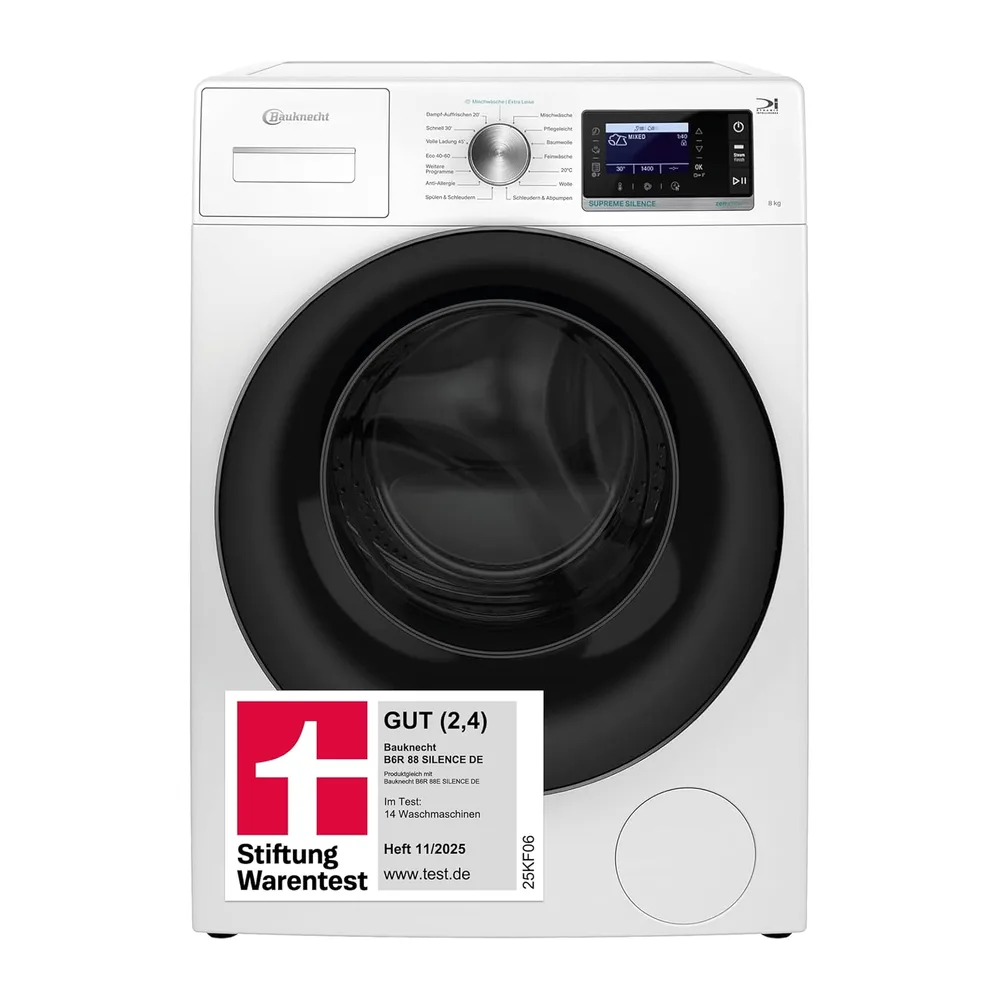 Bauknecht Waschmaschine 8kg, Stiftung Warentest GUT (2,4)*, Supreme Silence, EEK A-20%, 1400 U/min,