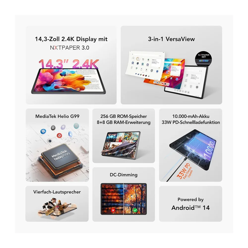 TCL NXTPAPER 14 Tablet, 14,3" 2.4K NXTPAPER Display, 256GB Speicher, 8GB RAM (+8GB RAM-Erweiterung), — 2