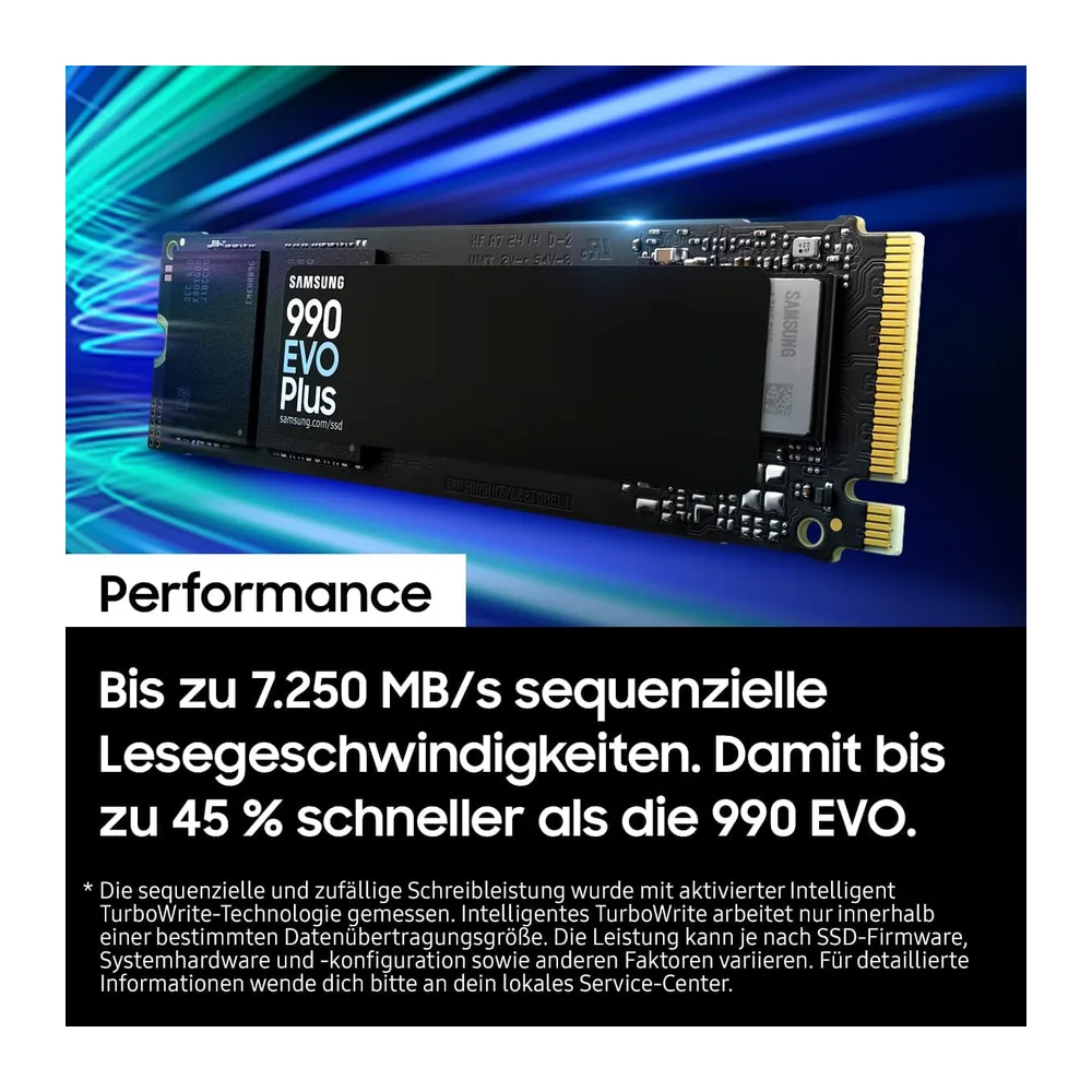 Samsung 990 EVO Plus NVMe M.2 SSD 1 TB, PCIe 4.0 x4 / PCIe 5.0 x2, NVMe 2.0 (2280), 7.150 MB/s Lesen, 6.300 — 3