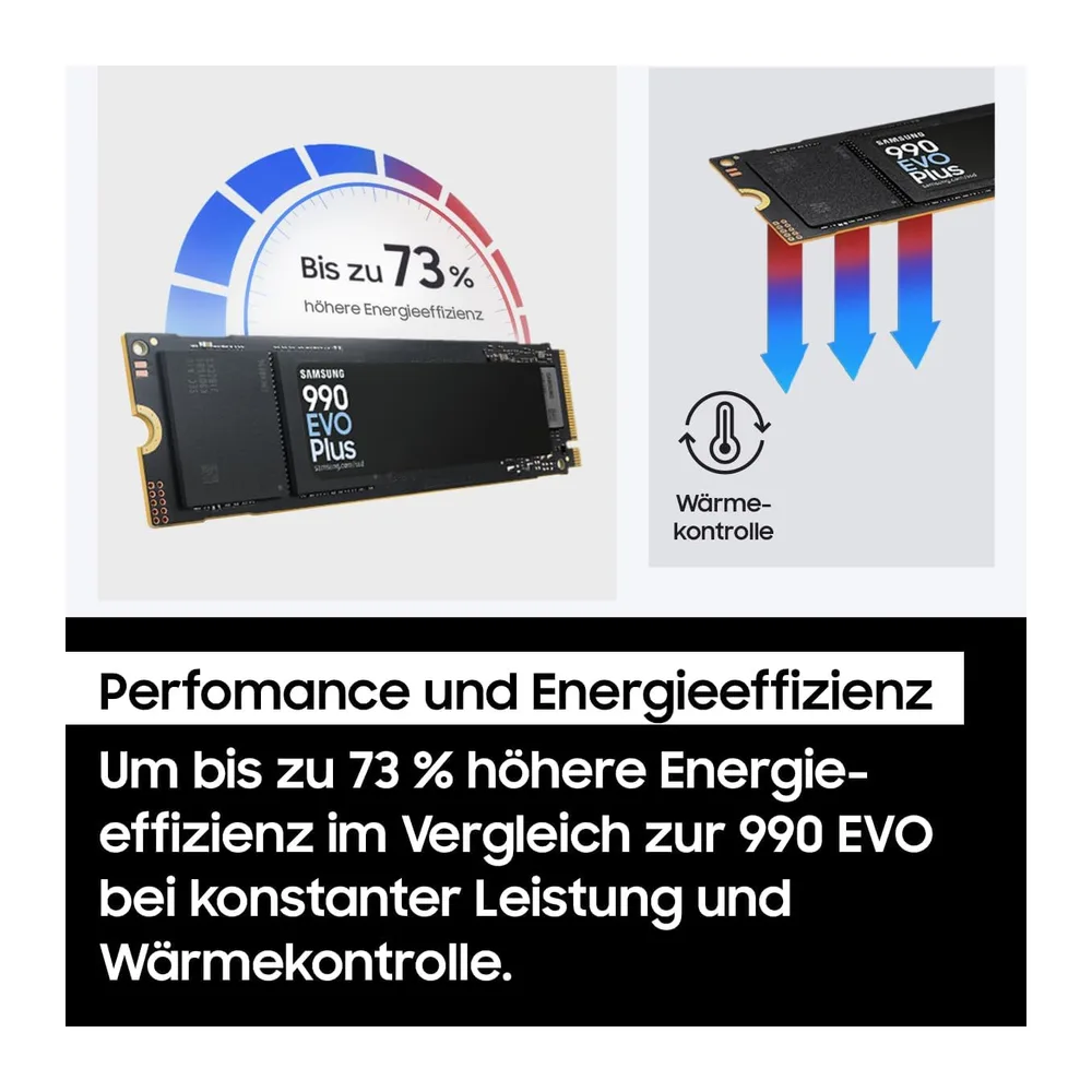 Samsung 990 EVO Plus NVMe M.2 SSD 1 TB, PCIe 4.0 x4 / PCIe 5.0 x2, NVMe 2.0 (2280), 7.150 MB/s Lesen, 6.300 — 4