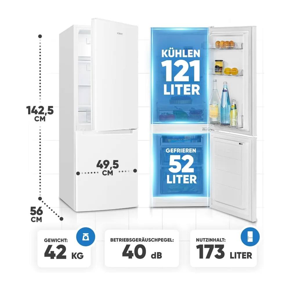 Bomann® Kühlschrank mit Gefrierfach | Energieklasse C | 143cm | Kühl Gefrierkombination leise 40 dB | 3 — 5