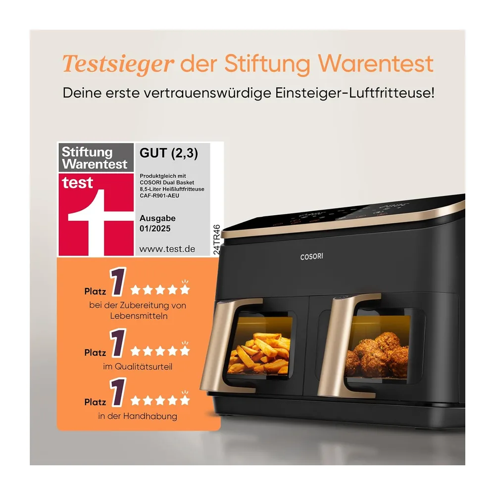 Cosori Airfryer, Testsieger Stiftung Warentest, Heißluftfritteuse 2 Kammern — 2