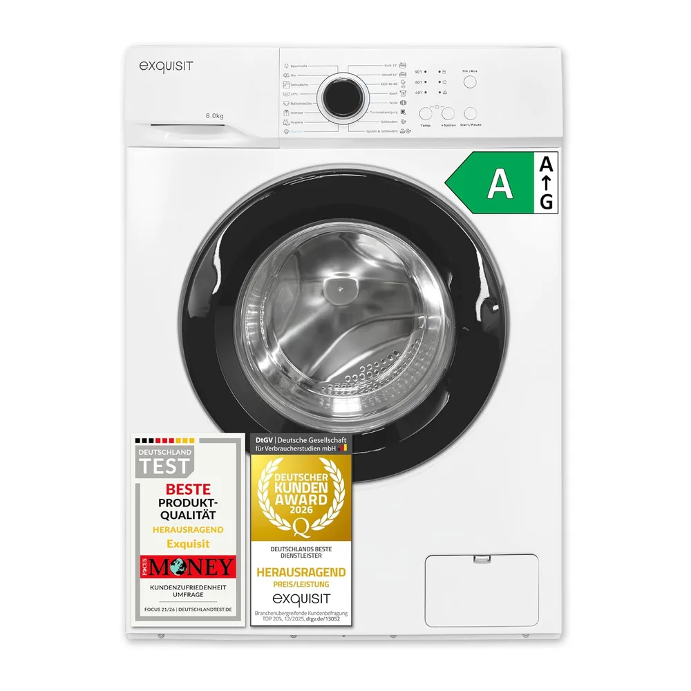Exquisit Waschmaschine 6kg - Kleine Waschmaschine - 44 cm Tiefe - Weiss [Energieklasse A]