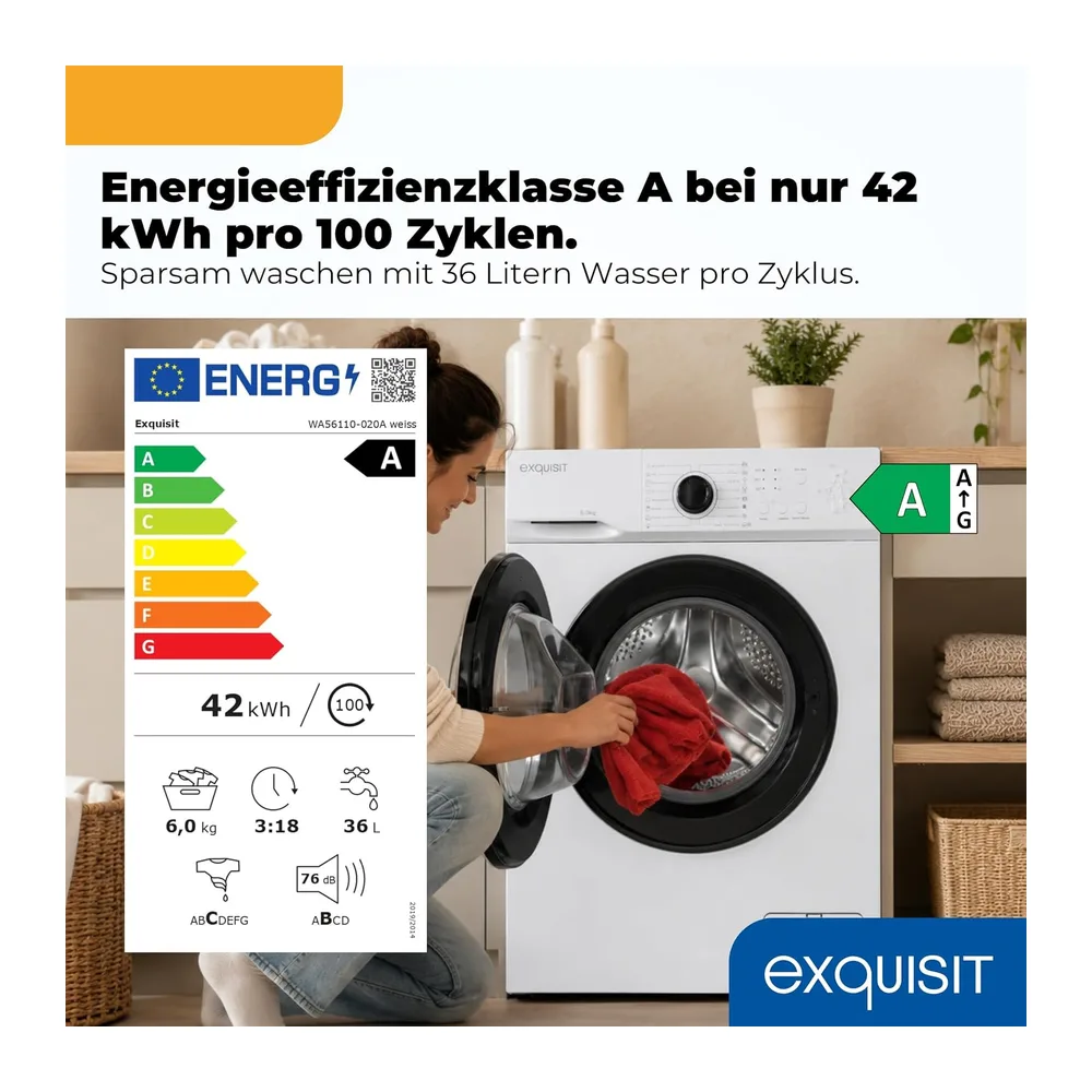 Exquisit Waschmaschine 6kg - Kleine Waschmaschine - 44 cm Tiefe - Weiss [Energieklasse A] — 2