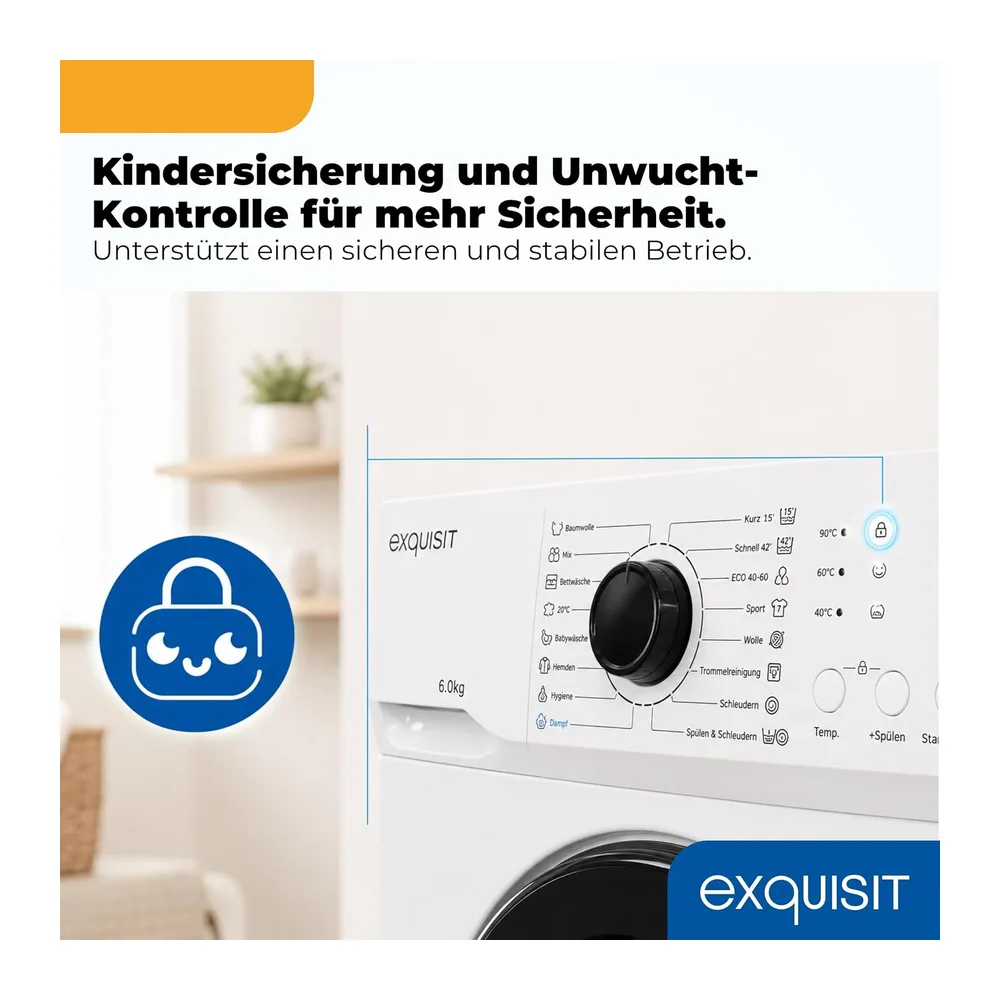 Exquisit Waschmaschine 6kg - Kleine Waschmaschine - 44 cm Tiefe - Weiss [Energieklasse A] — 6