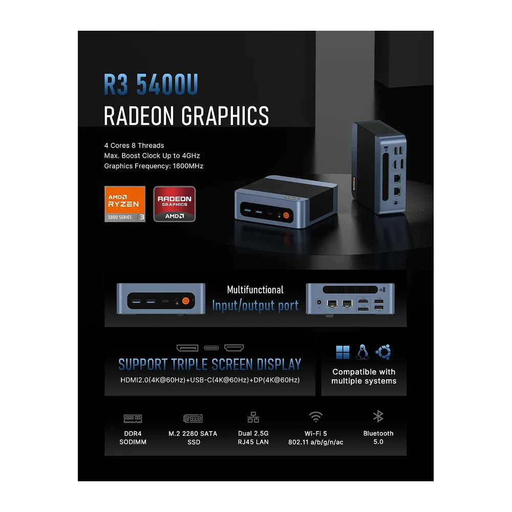 BOSGAME E5 Plus Mini PC, Ryzen 5400U (bis zu 4,0 GHz), 8GB DDR4, 256GB SSD — 2