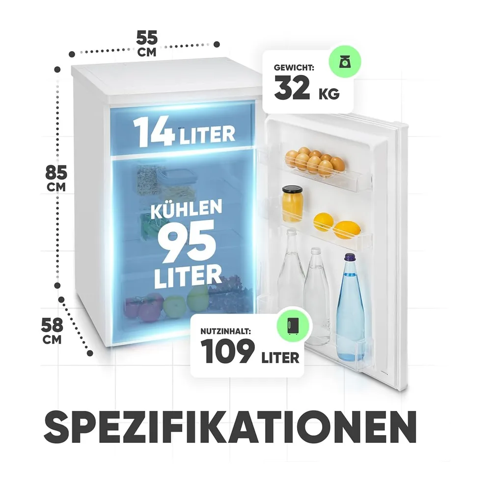 Bomann® Kühlschrank mit Gefrierfach | 109 Liter | energieeffizient, leise & kompakt | 2 Ablagen, Obst- & — 6