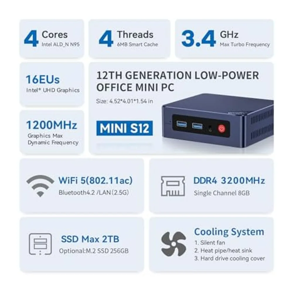 Beelink Mini S12 Mini PC, Intel 12. Prozessor N95 (4C/4T, bis zu 2.9Ghz), 8G DDR4 256G M.2 SSD Mini Computer — 5