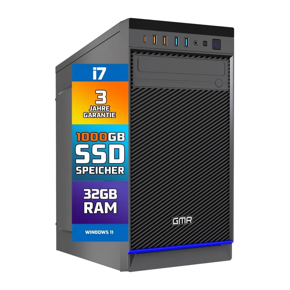 GMR Ultra Desktop PC - Intel i7, Windows 11 Pro, 32GB RAM, 1000GB SSD, USB 3, WiFi, Bluetooth, Office PC Mit
