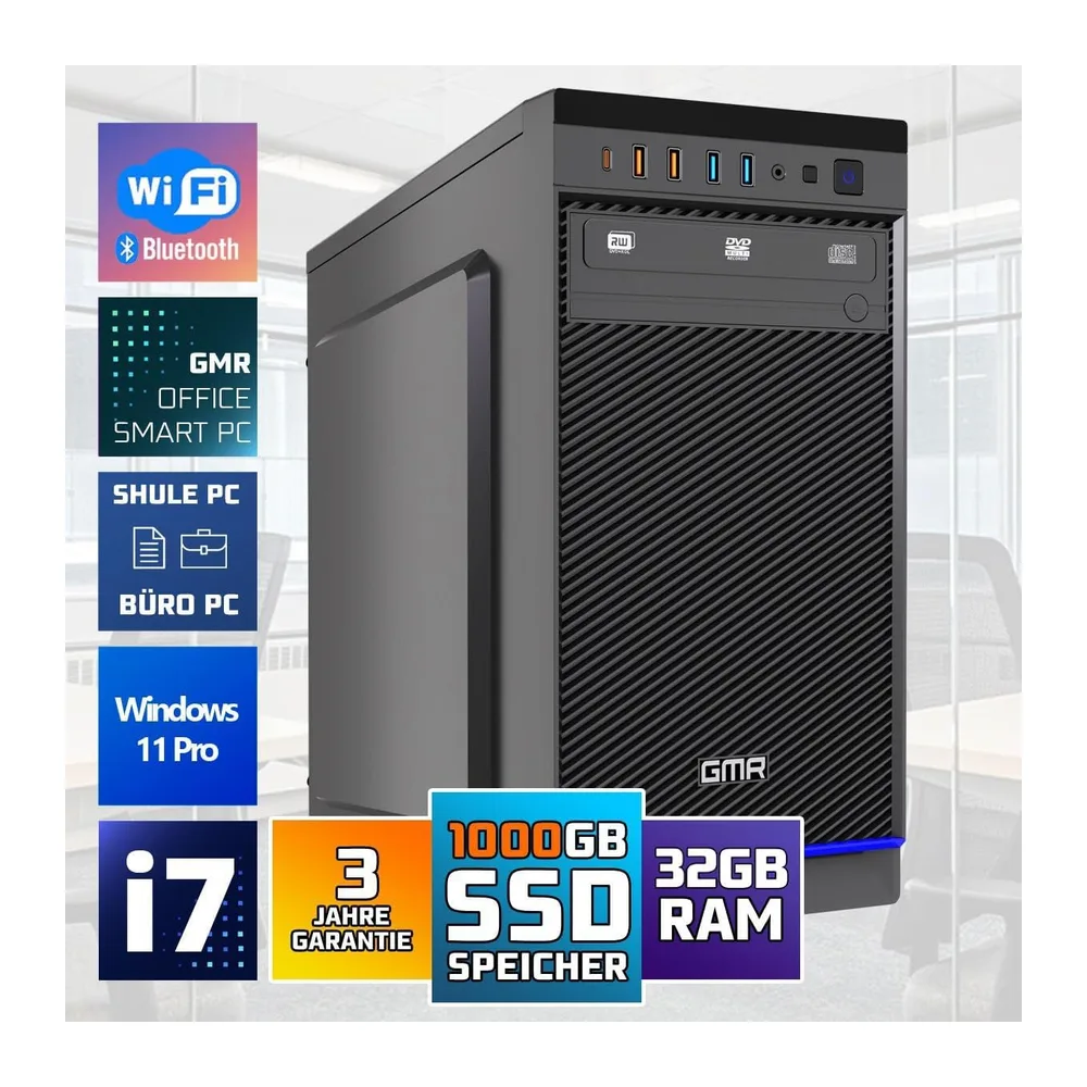 GMR Ultra Desktop PC - Intel i7, Windows 11 Pro, 32GB RAM, 1000GB SSD, USB 3, WiFi, Bluetooth, Office PC Mit — 2