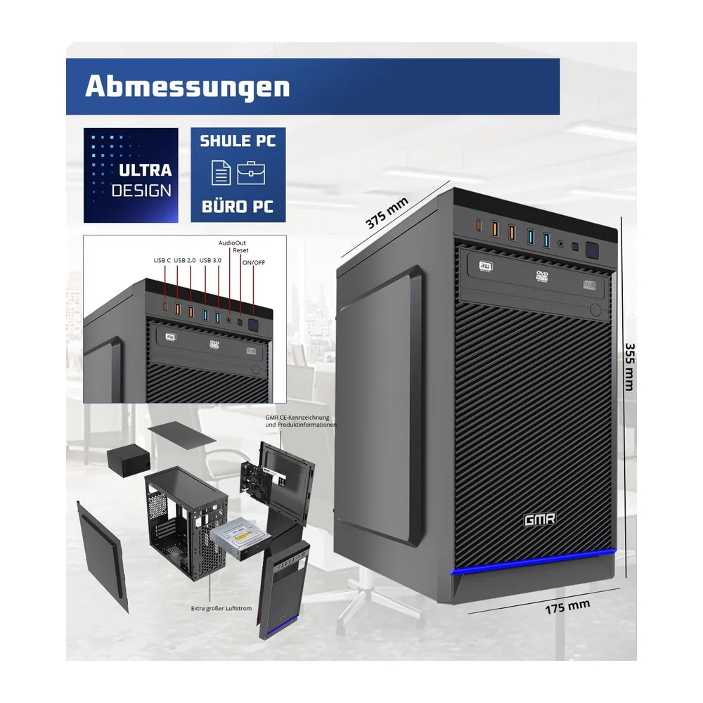 GMR Ultra Desktop PC - Intel i7, Windows 11 Pro, 32GB RAM, 1000GB SSD, USB 3, WiFi, Bluetooth, Office PC Mit — 3