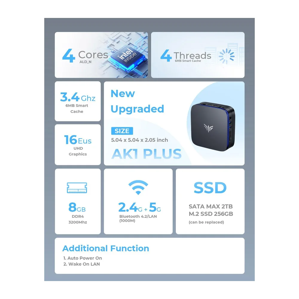 NiPoGi AK1PLUS Mini PC Ιntel 12th Gen Alder Lake-Ν N95(Max 3,4GHz) 8GB DDR4 256GB M.2 SSD,Mini Computer mit — 3